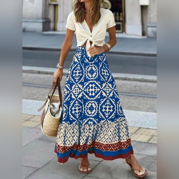 Spring & Summer Casual Color Block Printed Skirt With Ruffled Hem